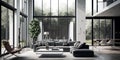 Modern open-plan living room with large glass windows and sleek grey furniture. Generative AI Royalty Free Stock Photo