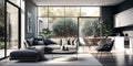 Modern open-plan living room with large glass windows and sleek grey furniture. Generative AI Royalty Free Stock Photo