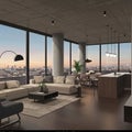 Modern open-plan living space with large floor-to-ceiling windows showcasing a city Royalty Free Stock Photo