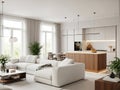 Modern open plan living space with white sofa and kitchen Royalty Free Stock Photo