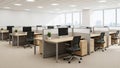 Modern open-plan office interior with cubicles, computers, chairs, and natural light Royalty Free Stock Photo