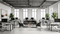 Modern open plan office interior with desks computers chairs and lounge area featuring large windows Keywords Royalty Free Stock Photo