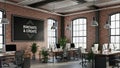 Modern open plan office interior with exposed brick walls industrial lighting and workstations featuring the words I Royalty Free Stock Photo