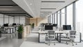 Modern open plan office interior with rows of desks computers chairs and large windows Keywords: office, interior Royalty Free Stock Photo