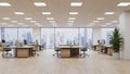 Modern open plan office interior with rows of desks computers and large windows overlooking a city skyline Keywords Royalty Free Stock Photo