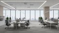 Modern Open Plan Office Interior with Rows of Desks Computers and Large Windows Overlooking Cityscape Royalty Free Stock Photo