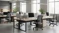 Modern Open- Plan Office Interior with Rows of Desks, Ergonomic Chairs, Computers, and Natural Light Keywords Royalty Free Stock Photo