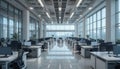 Modern open plan office space with large windows and rows of empty desks Royalty Free Stock Photo