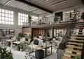 Modern open plan office space with mezzanine and industrial design elements Royalty Free Stock Photo