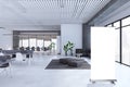 Modern open space designer office interior with empty white mock up banner, furniture, panoramic windows with city view, concrete Royalty Free Stock Photo