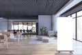 Modern open space designer office interior with empty white mock up banner, furniture, panoramic windows with city view, wooden Royalty Free Stock Photo