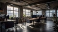 Modern open space office with big windows, tables with computers, office chairs and shelves with folders. Workplace and