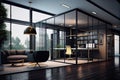 a modern open space office with glass walls, sleek furniture and cool lighting Royalty Free Stock Photo