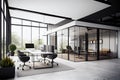 a modern open space office with glass walls, sleek furniture and cool lighting Royalty Free Stock Photo