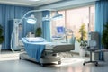Modern operating room with medical equipment and green plants in hospital. Interior of empty surgical theatre with operation table