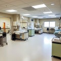 Modern operating room with various medical equipment, surgical tables, monitors and cabinets. The image is suitable for use in