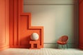 Modern orange chair, volumetric wall molding decoration. geometric abstraction in a gray wall. ÃÂ¡olored minimalist interior. 3d