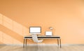 Modern orange desktop interior with devices 3D rendering