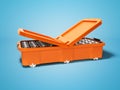 Modern orange portable refrigerator for drinks in aluminum cans 3d render on blue background with shadow