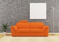 Modern orange sofa on dirty wall interior design