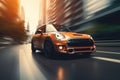 Modern orange sport car driving fast by the road Royalty Free Stock Photo