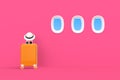 Modern orange suitcases bag with sun glasses, hat and airplane window on pink background. Travel concept. Royalty Free Stock Photo