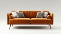 Modern Orange Velvet Sofa with Geometric Patterned Cushions on White Background Royalty Free Stock Photo