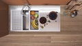 Modern orange and wooden kitchen, sink with running tap and healthy fruit. Vase with spikes, wooden cutting boards. Top view, plan