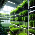 Modern organic hydroponic vertical farming using automated systems. Smart Farming 4. Generative AI.