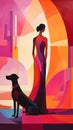 Modern original geometric art women and pet dog