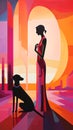 Modern original geometric art women and pet dog