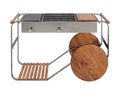 Modern outdoor barbecue oven with wooden wheels and stainless steel frame. 3d render