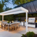 A modern outdoor kitchen with a built-in grill, a spacious countertop, and a cozy dining area with a pergola overhead5, Generati Royalty Free Stock Photo