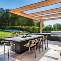 A modern outdoor kitchen with a built-in grill, a spacious countertop, and a dining area with a pergola above1, Generative AI Royalty Free Stock Photo