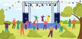 Modern outdoor rock music festival, people character together watch entertainment performance flat vector illustration