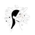 Modern outline vector illustration - girl and space planet, star, sun, comet. Universe line drawings. Meditation. Open your mind
