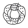 Modern outline vector illustration of turkish glass with black tea and traditional bagel.