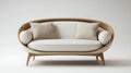 Modern Oval Couch with Wood Frame, White Upholstery and Beige Cushions Royalty Free Stock Photo