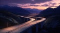 Modern overpass road in mountains after sunset, landscape with highway, generative AI