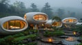 Modern Ovoid Architecture in a Misty Forest Setting at Dusk Royalty Free Stock Photo