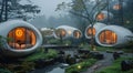 Modern Ovoid Architecture in a Misty Forest Setting at Dusk Royalty Free Stock Photo