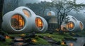 Modern Ovoid Architecture in a Misty Forest Setting at Dusk Royalty Free Stock Photo
