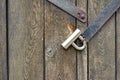 Modern padlock on textured black wooden door