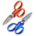 Modern pair of sharp scissors, blue and brown