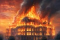 A modern palace is engulfed in flames, as the fire devours its grandeur and elegance. Thick smoke billows into the sky