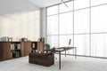 Modern panoramic white manager office with dark wood furniture. Corner view