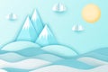 Modern paper art background with sea waves, clouds, island