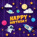 Modern Paper Art Style Space Adventure Happy Birthday Card Illustration