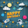 Modern Paper Art Style Space Scientist Happy Birthday Card Illustration