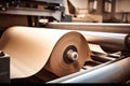 Modern paper production plant. Close-up of industrial equipment. Coated paper and cardboard